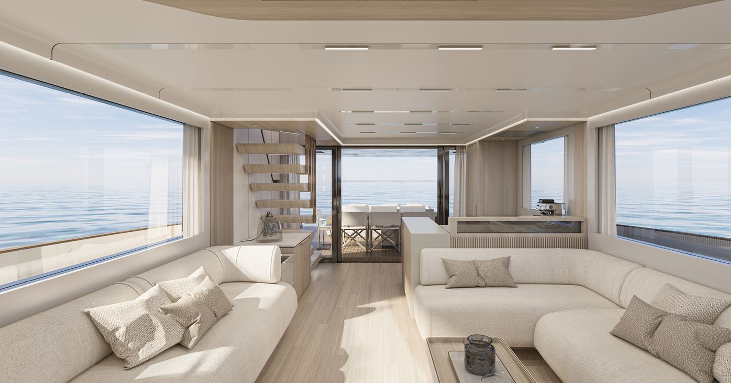 Rendering of Solaris Power 70 Long Range Boat salon with L-shaped white seating 