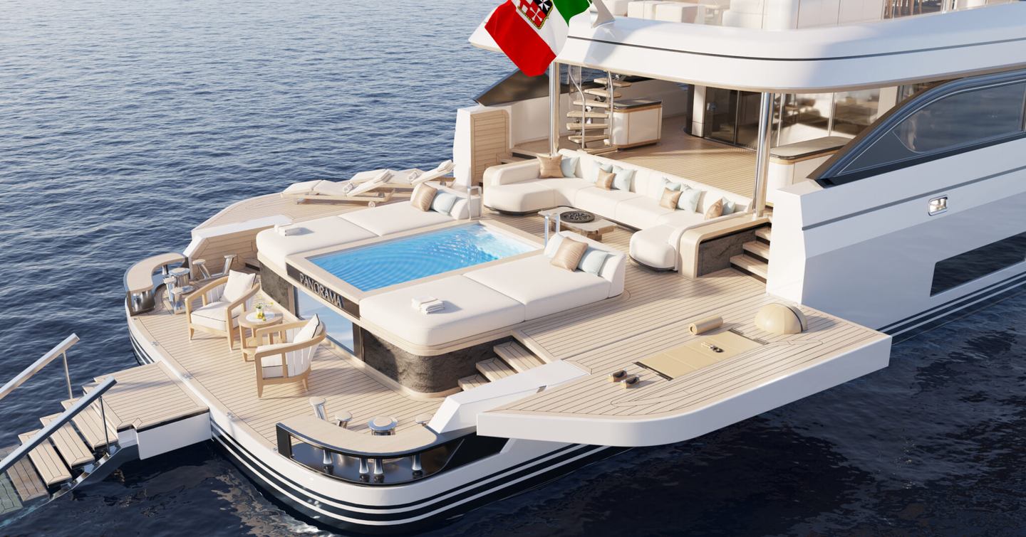 Admiral Panorama 50 superyacht beach club with pool 