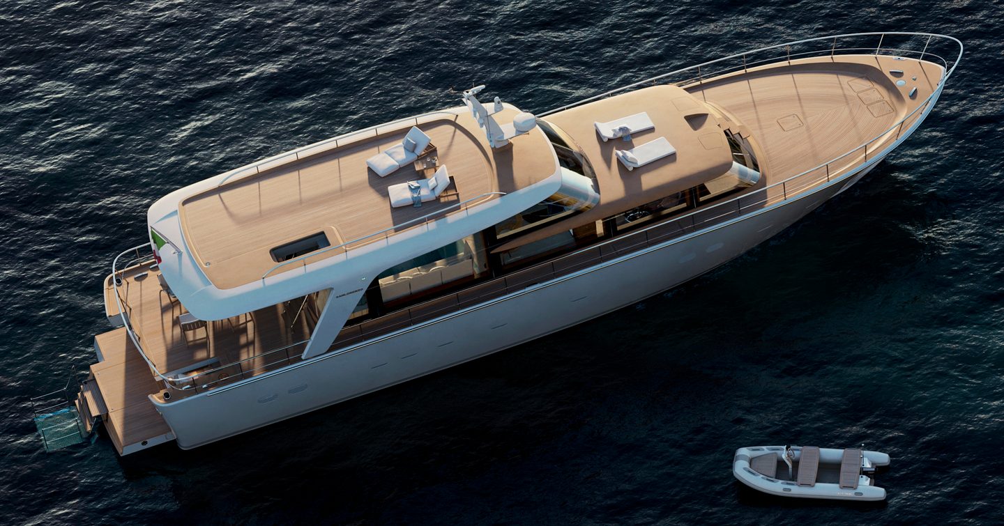 Aerial view of the Sanlorenzo SHE showing the open foredeck, sun deck and electric tender