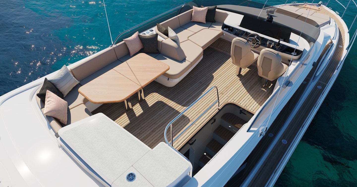 Flybridge on board motor yacht F54, with dining area and helm station