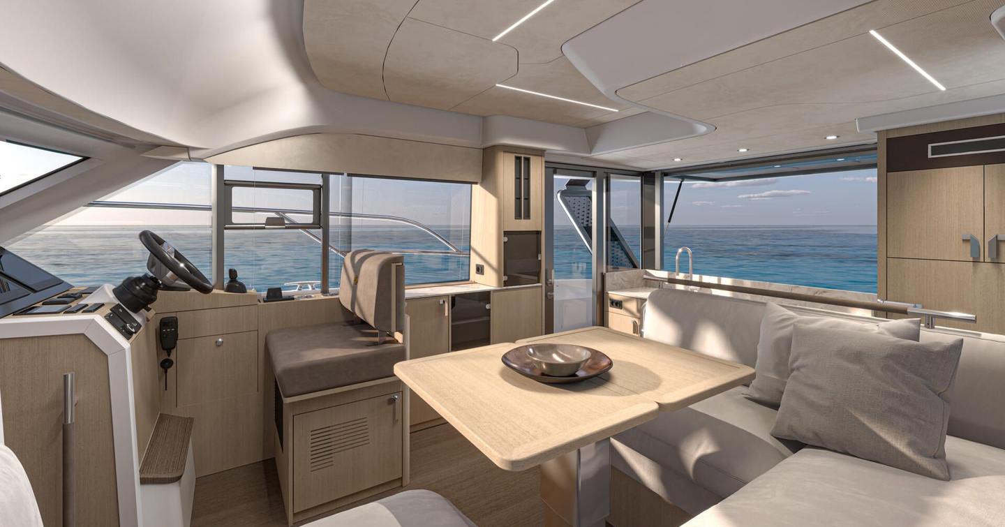 Rendering of Prestige F4.3 motor yacht main saloon with helm station and U-shaped sofa