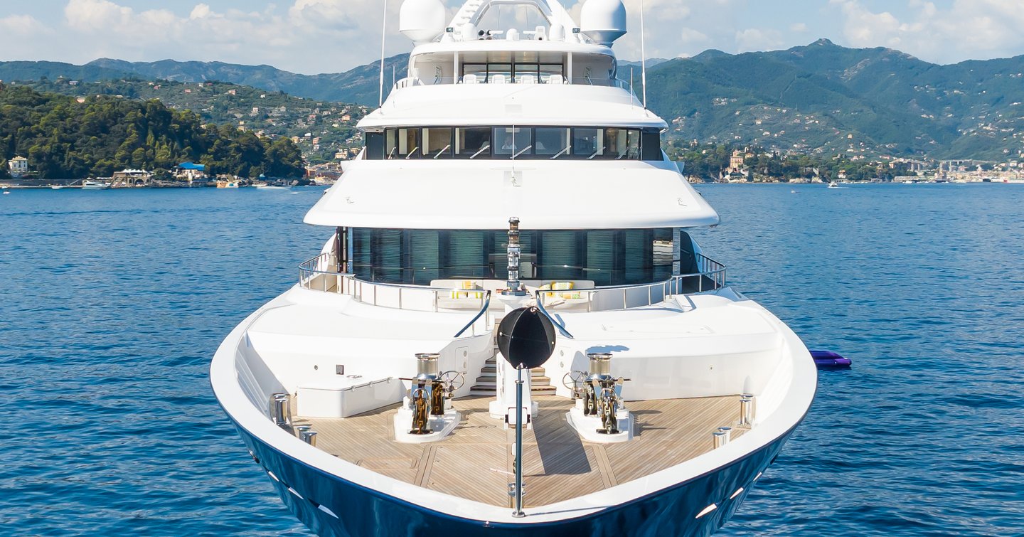 A close-up shot of superyacht AMARYLLIS' bow, with her large anchoring system