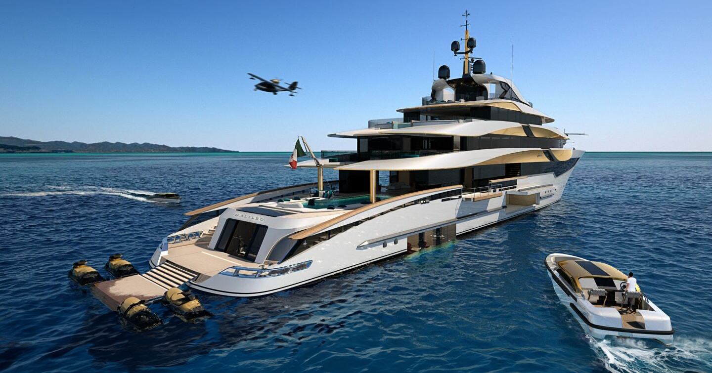 Rendering of Superyacht Galileo's aft on water surrounded by tender and helicopter