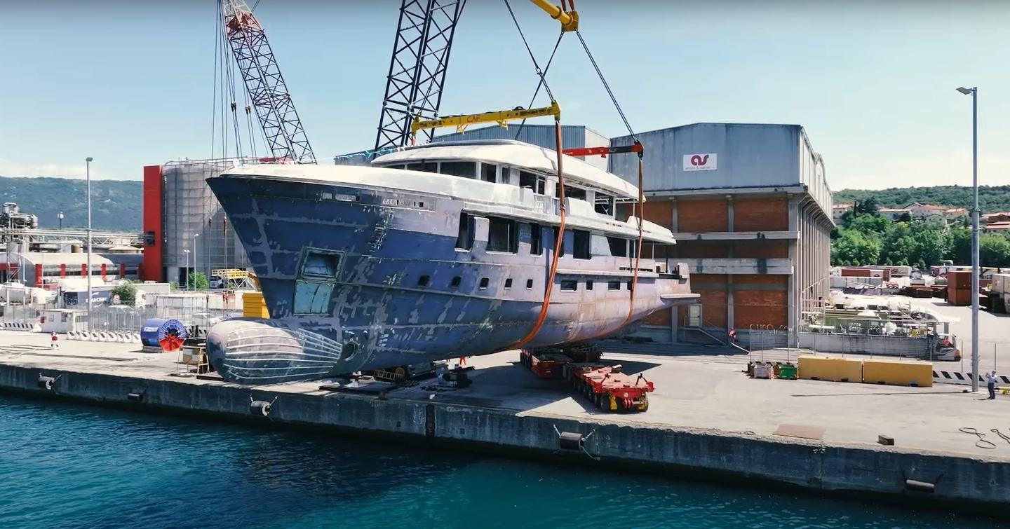 Second CdM Deep Blue 141 Explorer Yacht on trolley being lowered into the water