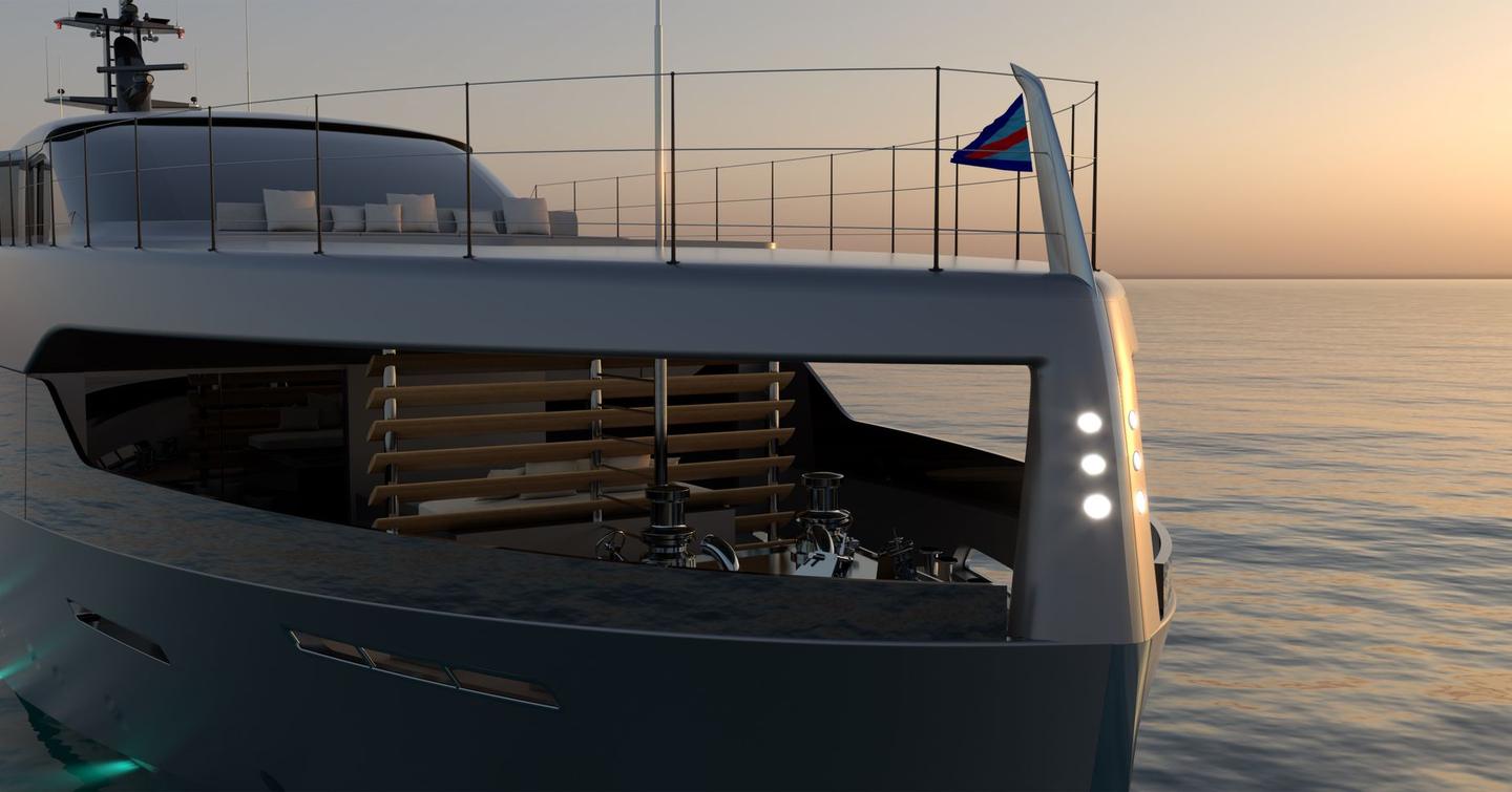 Hull of motor yacht Spitfire at anchor, against the sunset