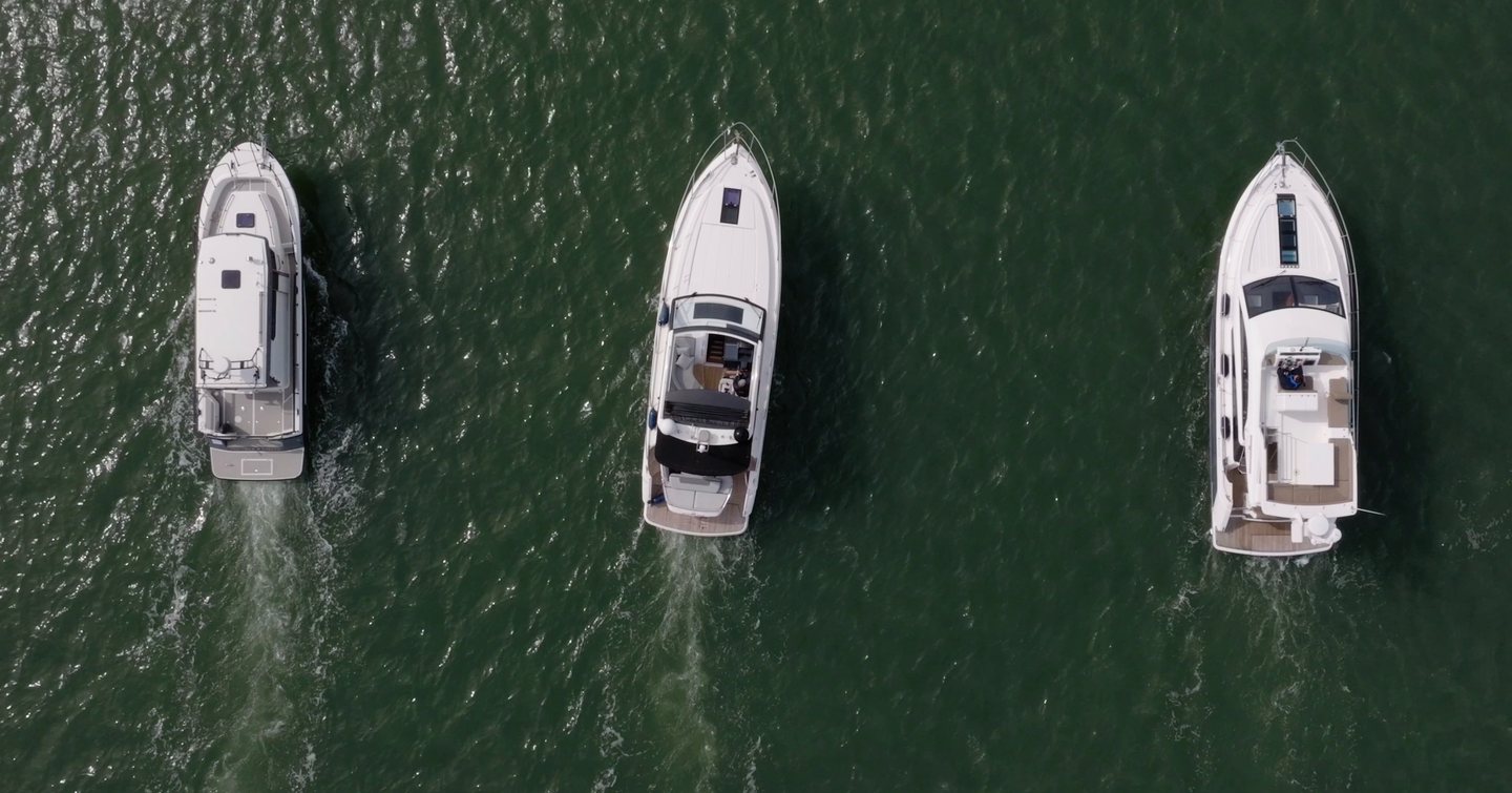 Aerial view of the Botnia Targa 32, Princess V39 and Fairline Squadron 42 running side by side during YachtBuyer's £300,000 used boat challenge.