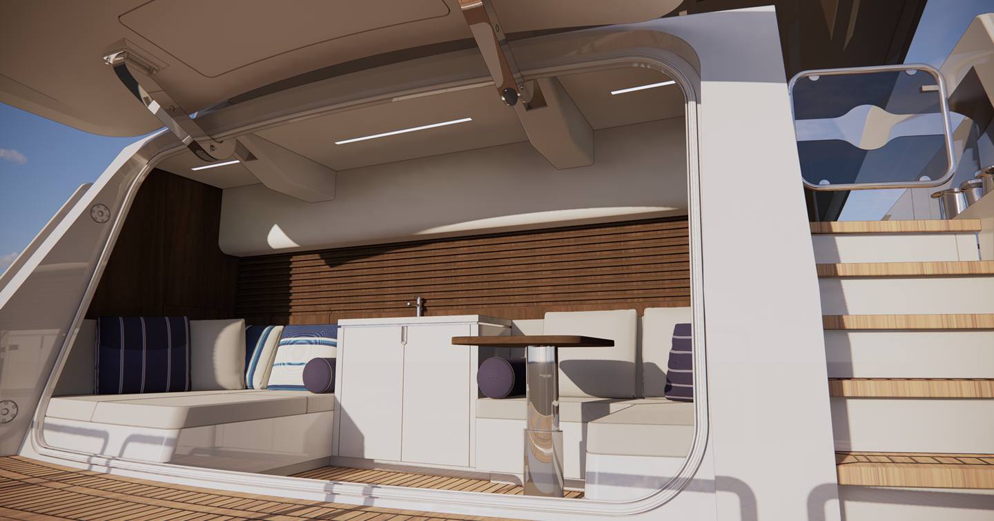 Rendering of Lazzara UHV 100 motor yacht beach club with hydraulic stern