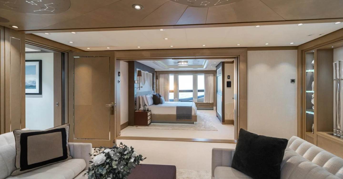 Superyacht Anshin master cabin and lounge
