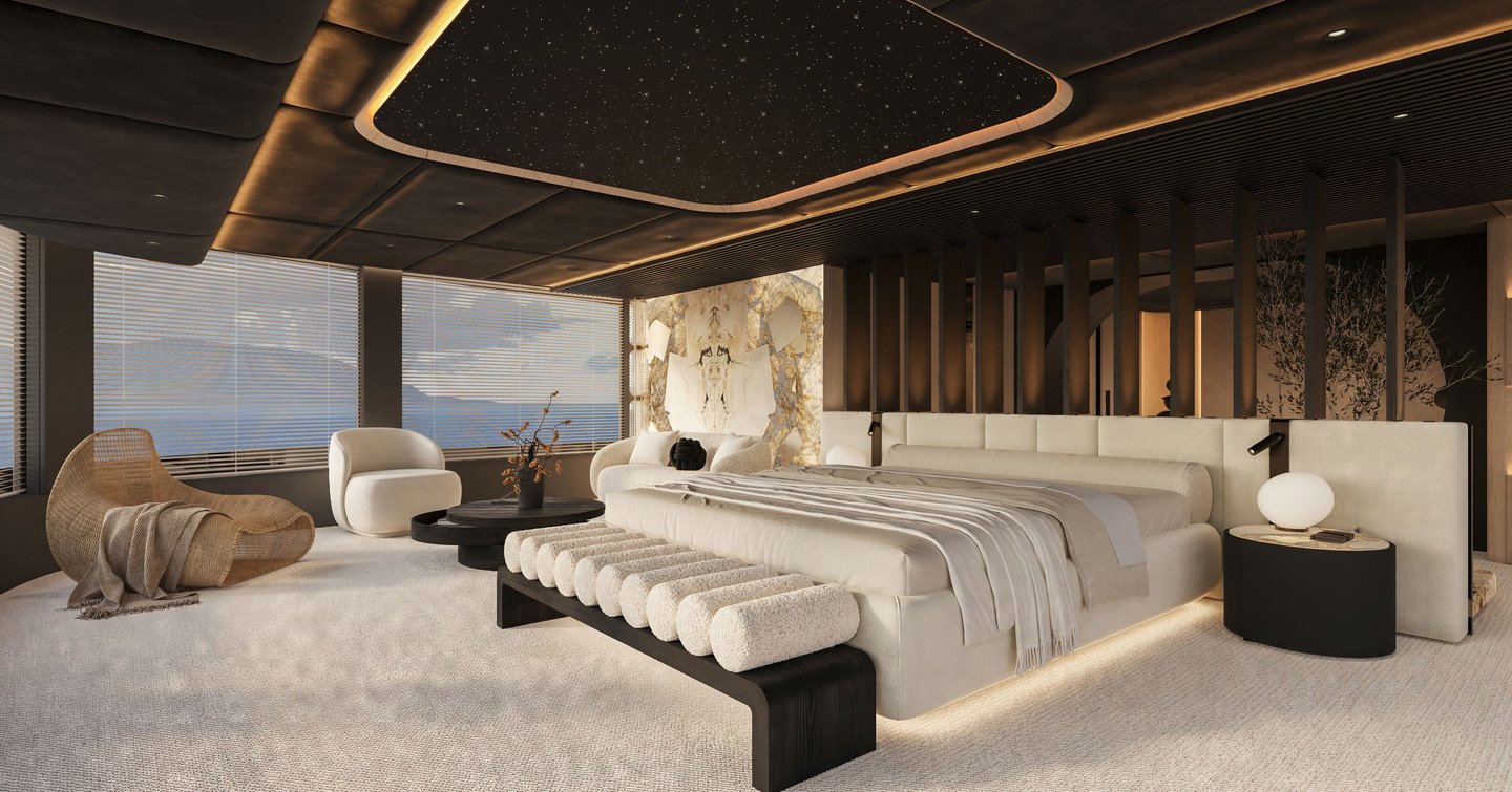 Rendering of Sunreef 65M Explorer catamaran master cabin 