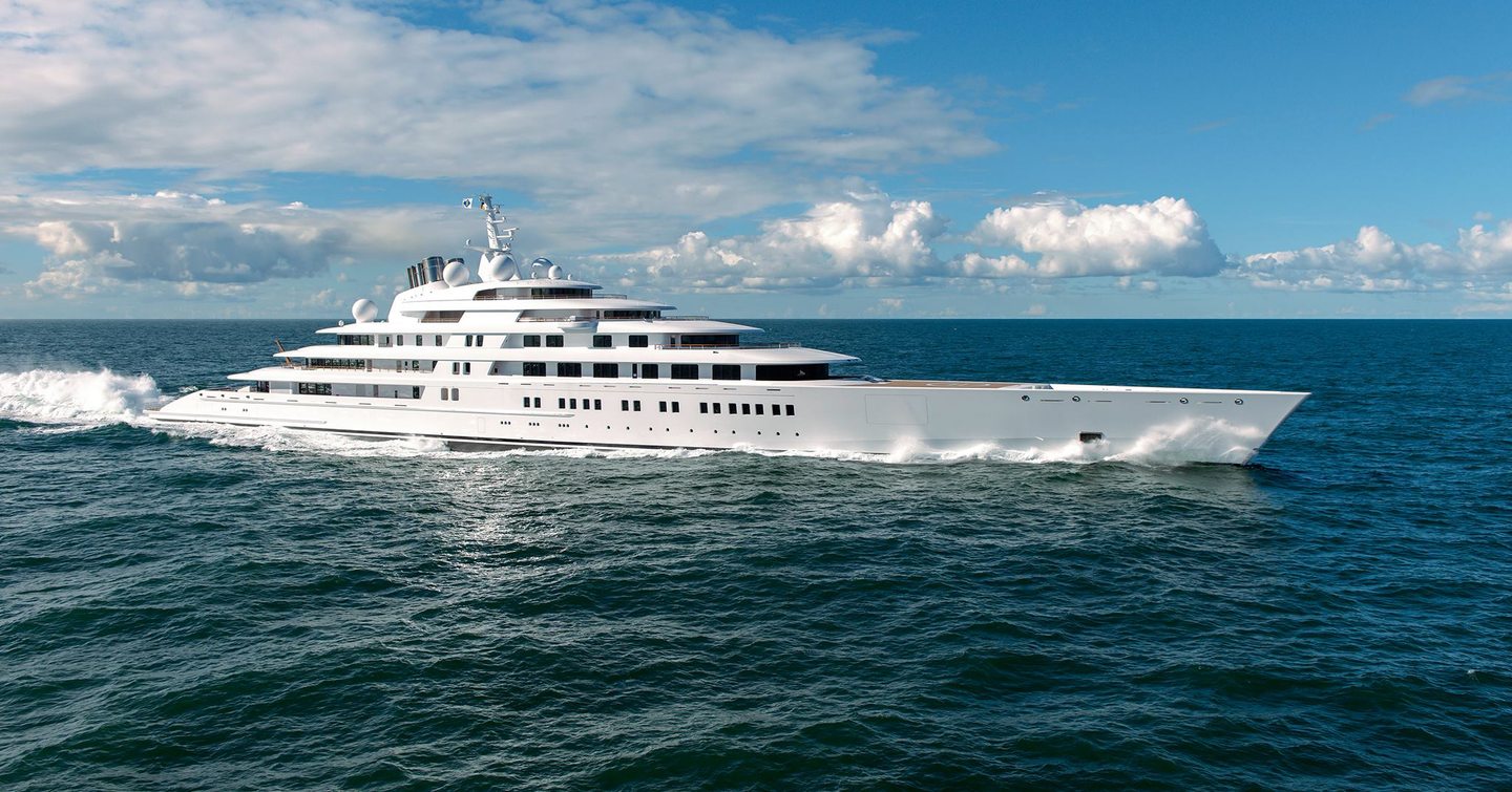 Running shot side profile of superyacht Azzam so you can see her sheer length