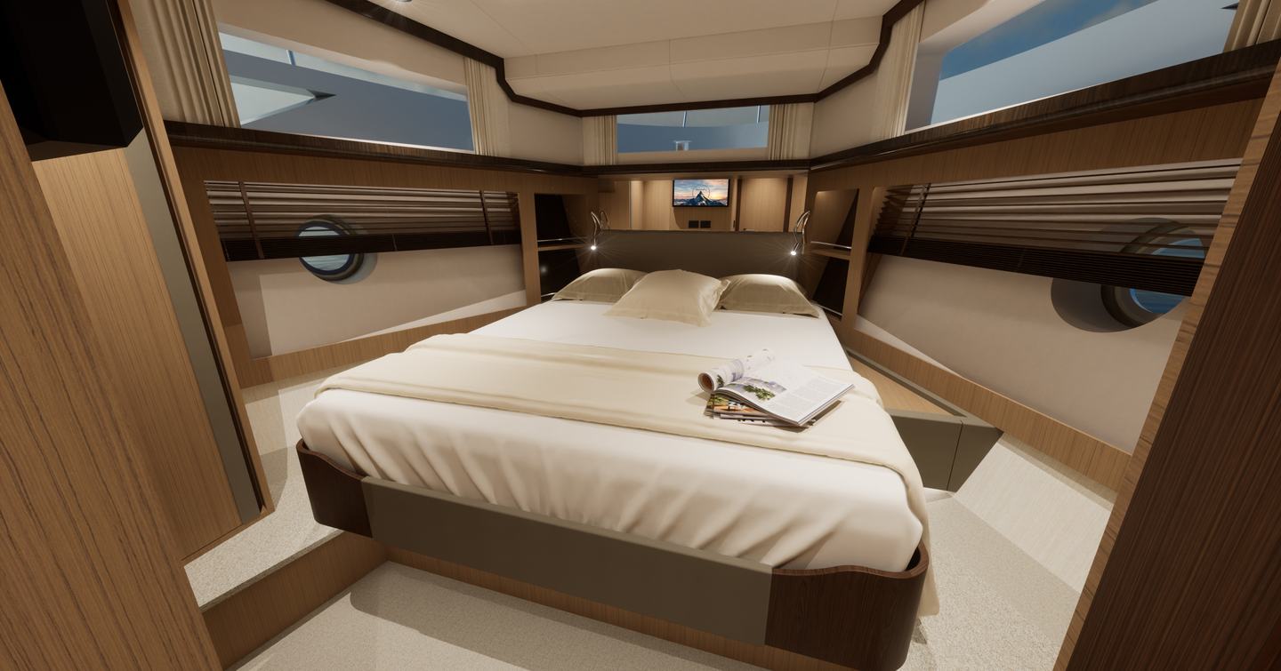 Master cabin on motor yacht Greenline 42 with large windows and central double bed