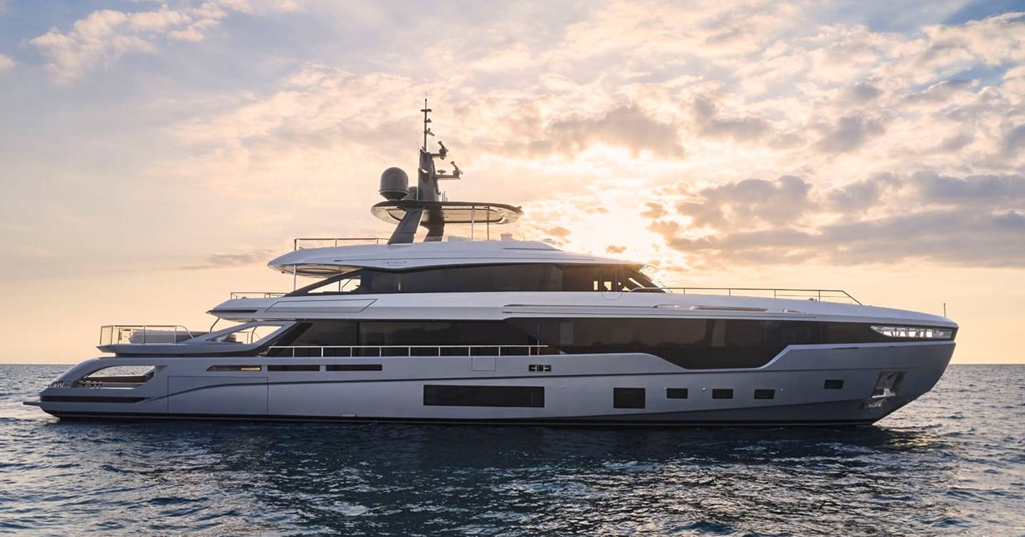 Azimut Grande Trideck Superyacht Blue Eyes at anchor on calm seas 