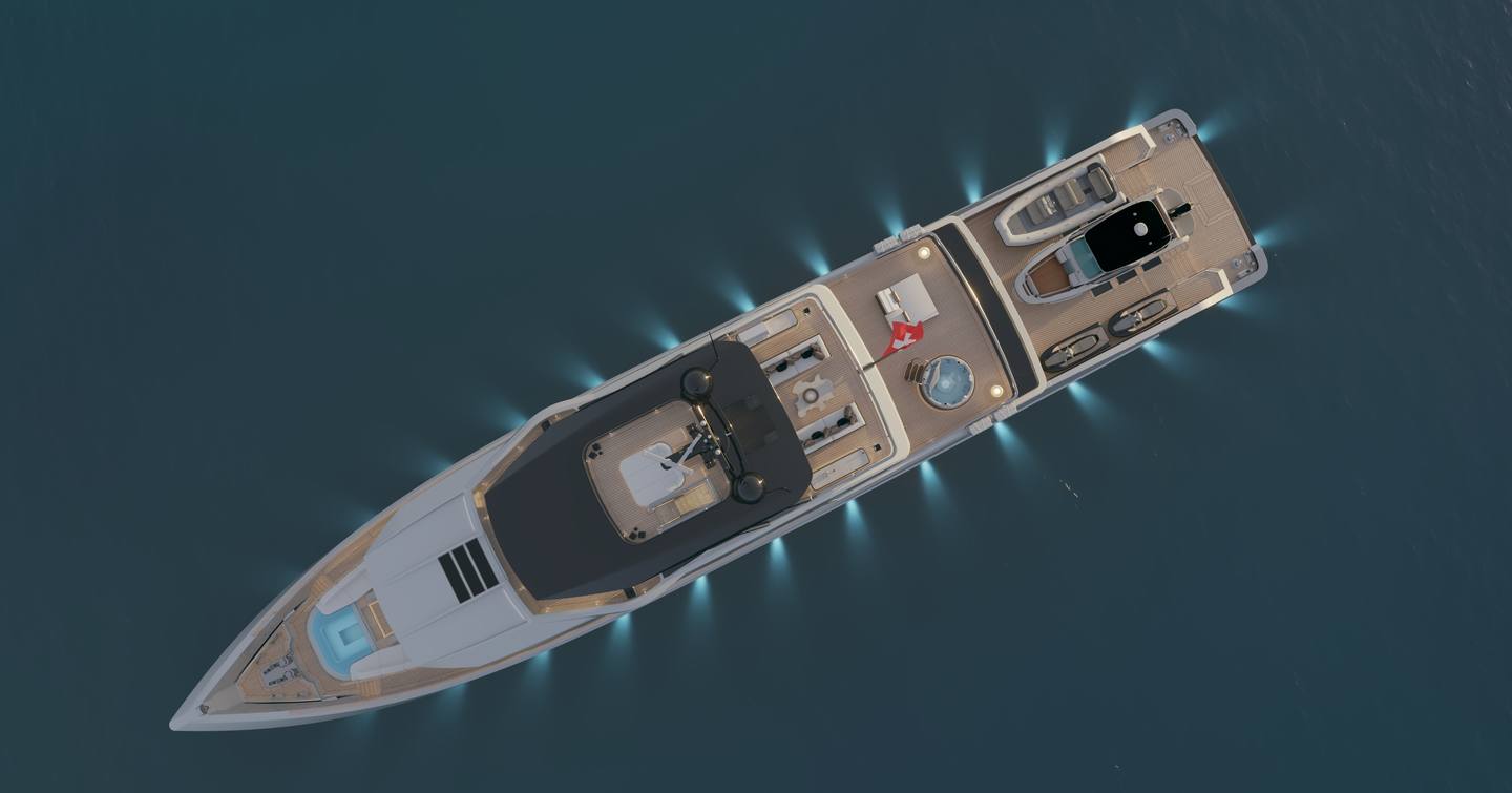 Aerial Rendering of Bering 165 Explorer Yacht at anchor 