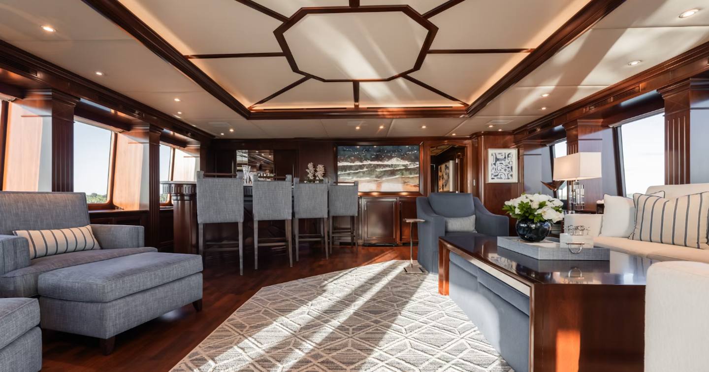 Superyacht Summer Dance skylounge with bar area and grey stools