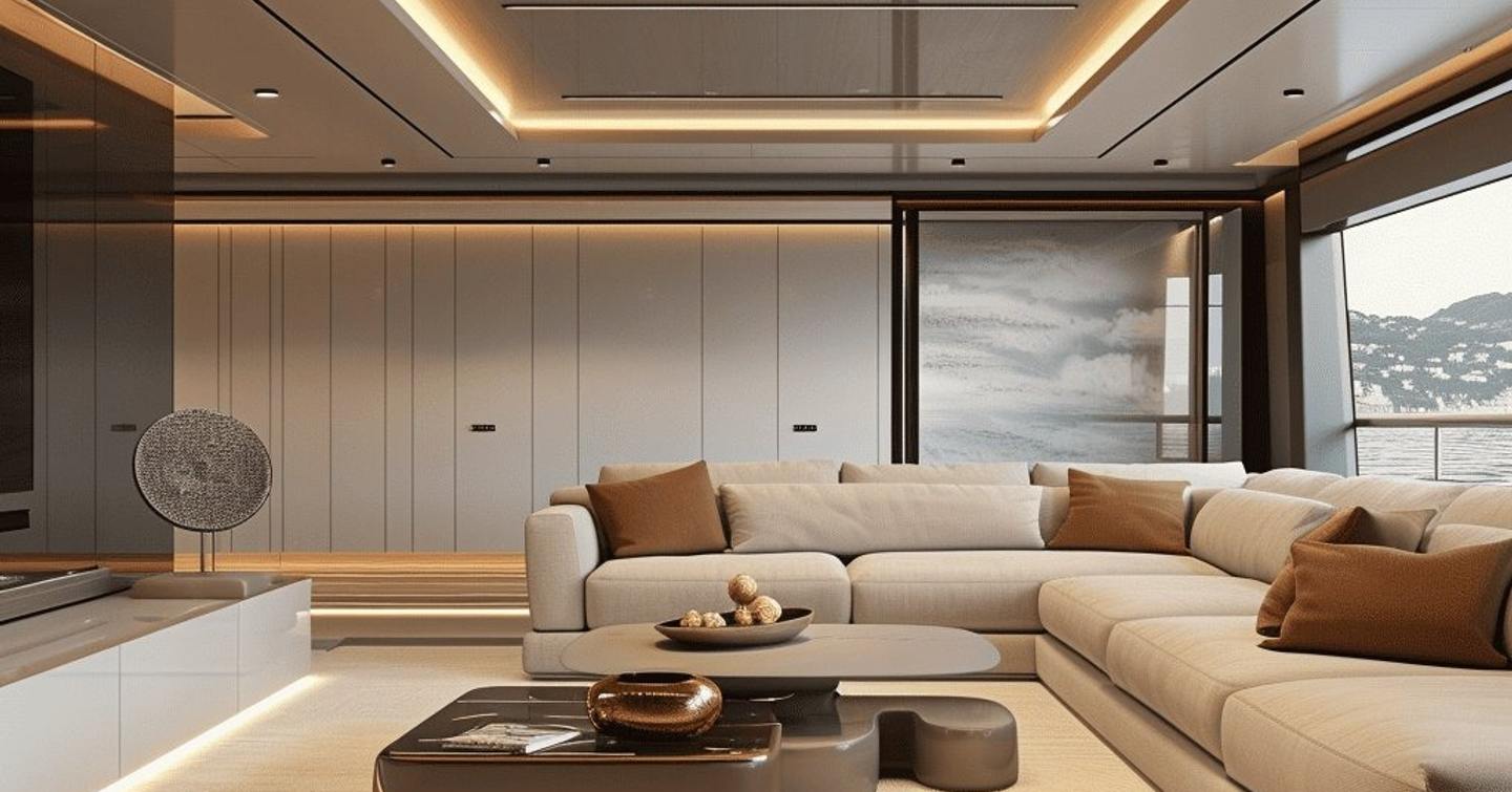 Rendering of Bering 110 explorer yacht skylounge with L-shaped sofa 