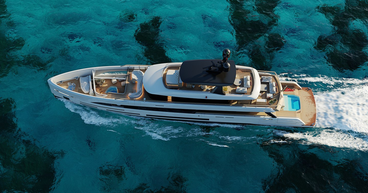 Aerial view rendering of Sirena Yachts 50m Superyacht, surrounded by sea.