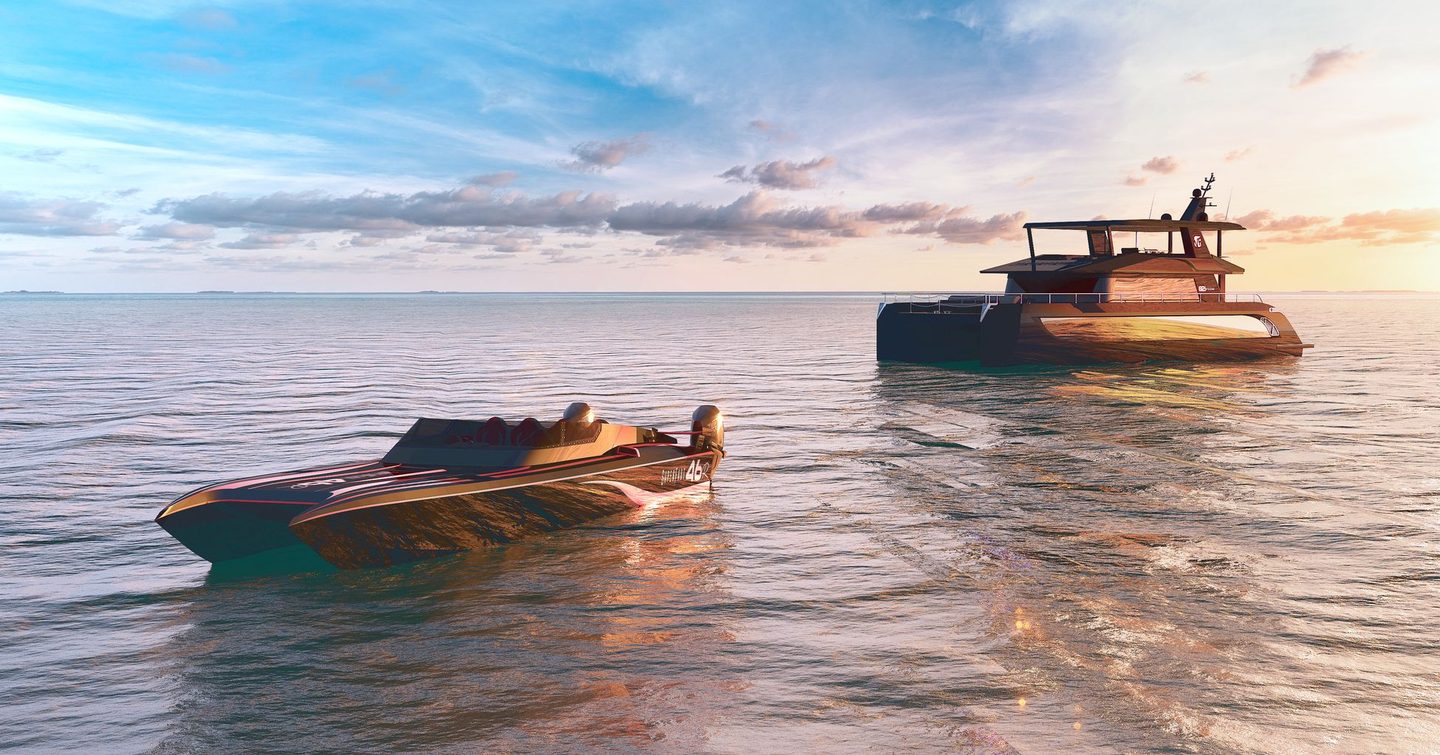 Rendering of VisionF Superfast 46 speedboat next to catamaran