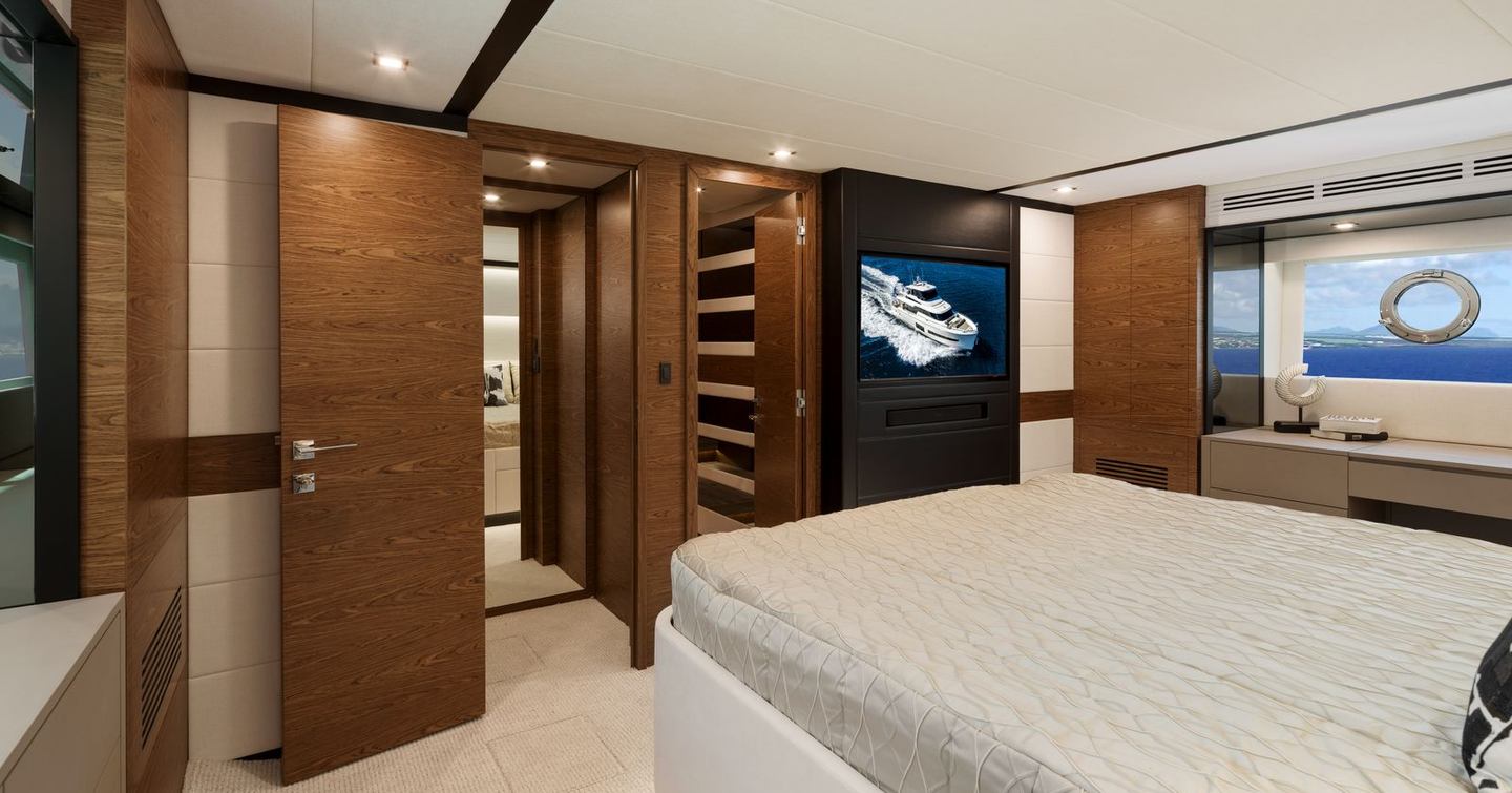 Horizon V77S Hull 13 motor yacht master cabin with mounted TV and ensuite 