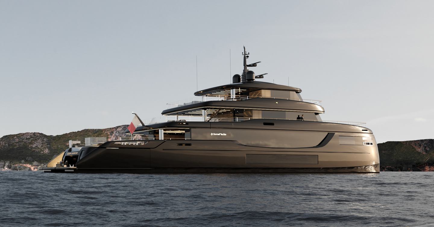 Rendering of 50M Sunreef Explorer catamaran at anchor 