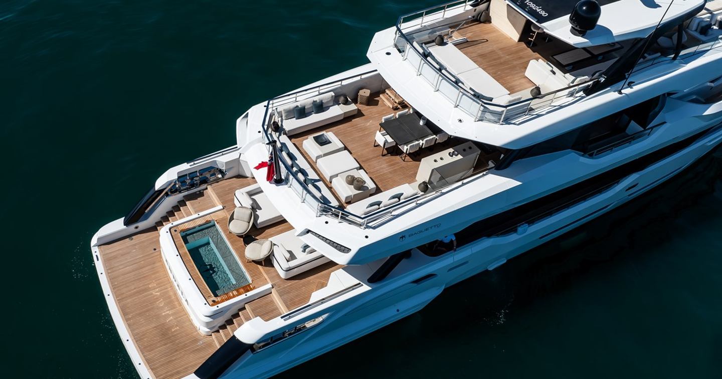 Superyacht Andala aft decks with infinity pool and multiple lounging areas 