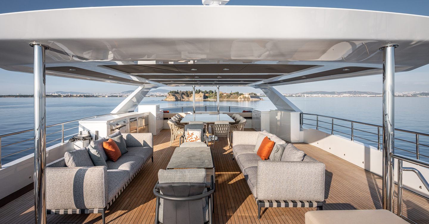 Explorer yacht Mitan flybridge with shaded alfresco dining and seating 