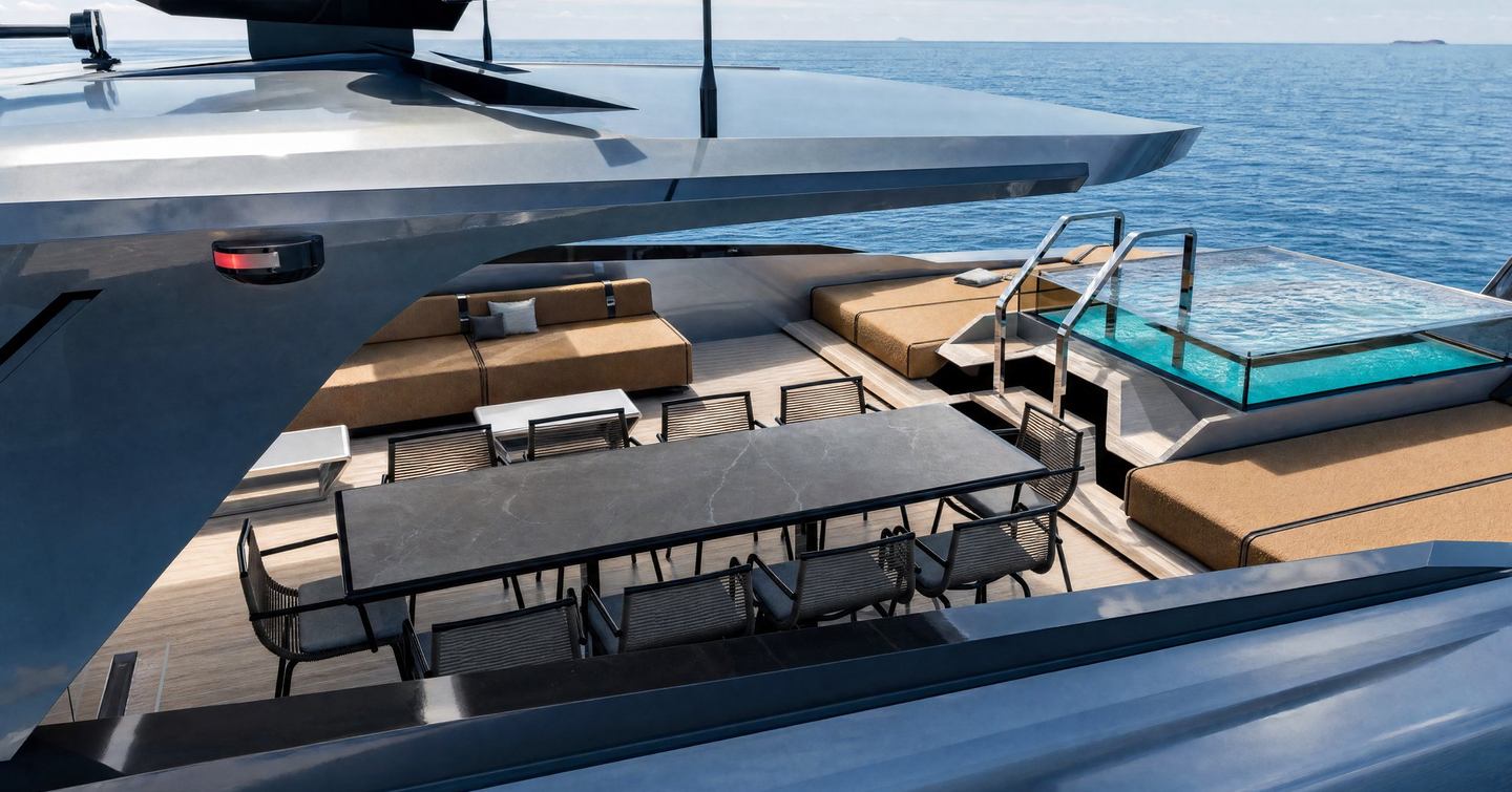 Rendering of Tecnomarine TM33 superyacht upper deck with aft infinity pool