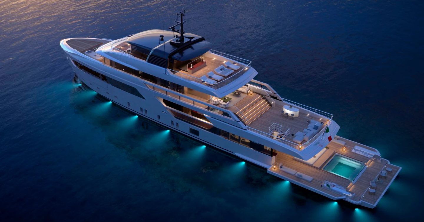 Rendering of Sanlorenzo 50X-Space superyacht at anchor with underwater lights 