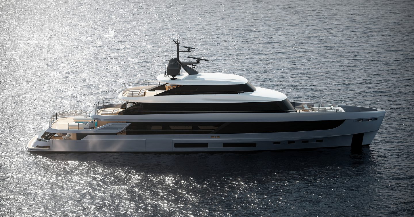 Aerial rendering of Azimut Grande 44M at anchor 