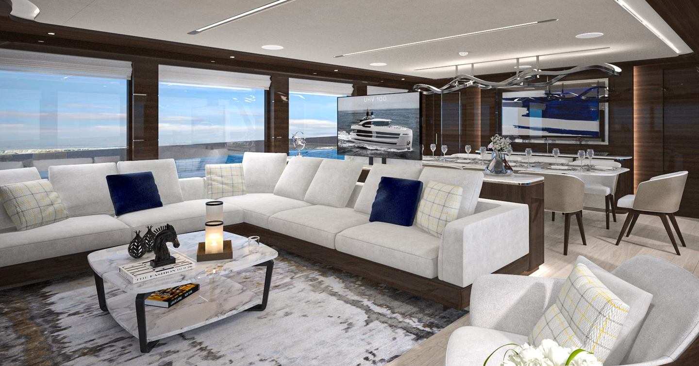 Rendering of Lazzara UHV 100 motor yacht main saloon with L-shaped seating