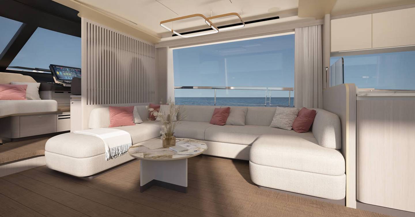 Rendering of Absolute 70 FLY Boat main saloon with U-shaped seating