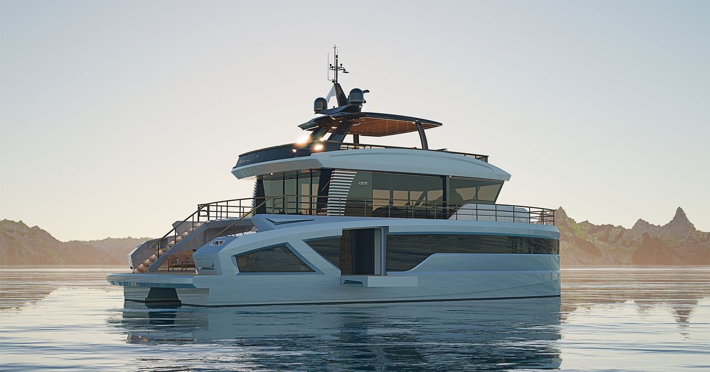 Rendering of Lazzara LPC 300 catamaran at anchor