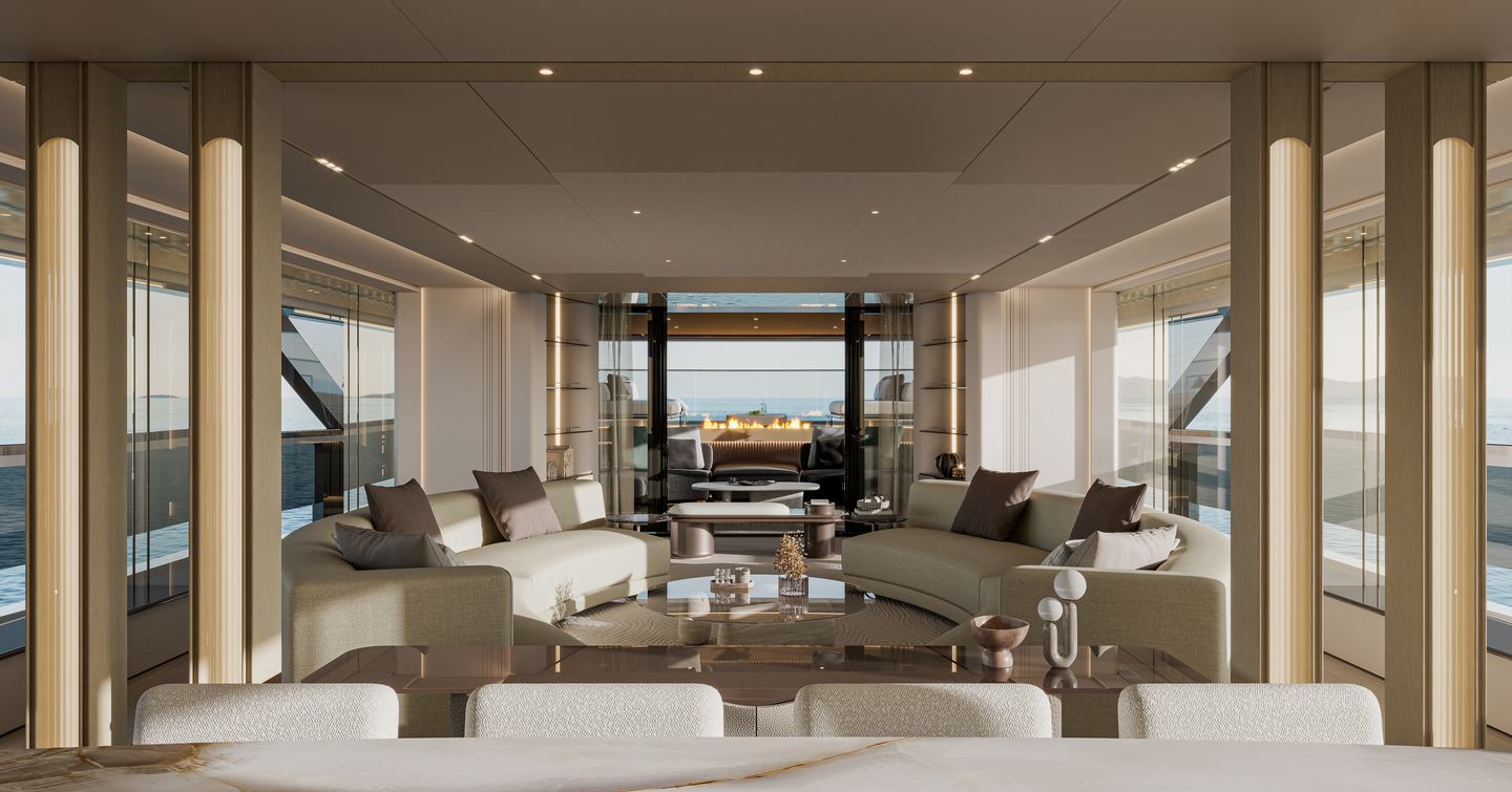 Rendering of Extra Yachts X130 Triplex motor yacht main salon with dining area 