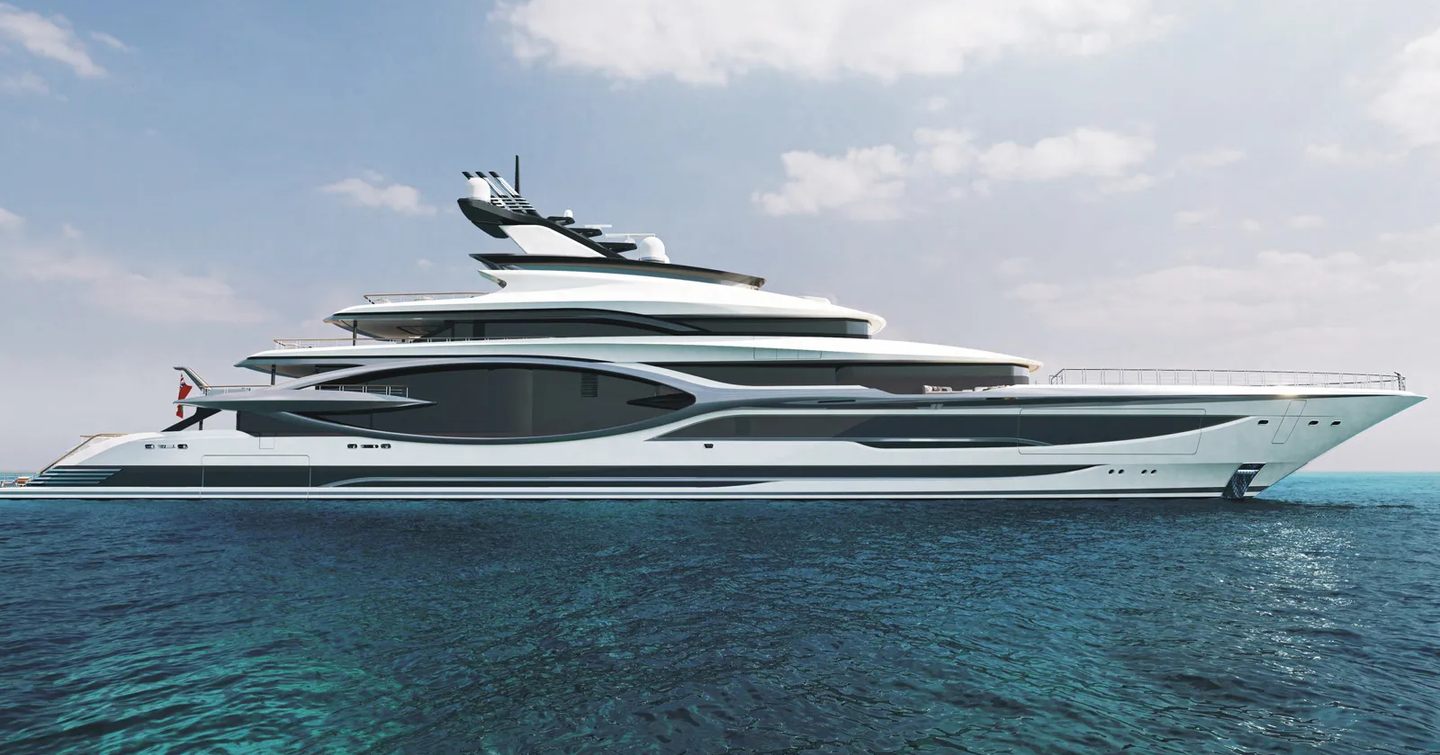 Admiral superyacht Project Titanium at anchor side view 