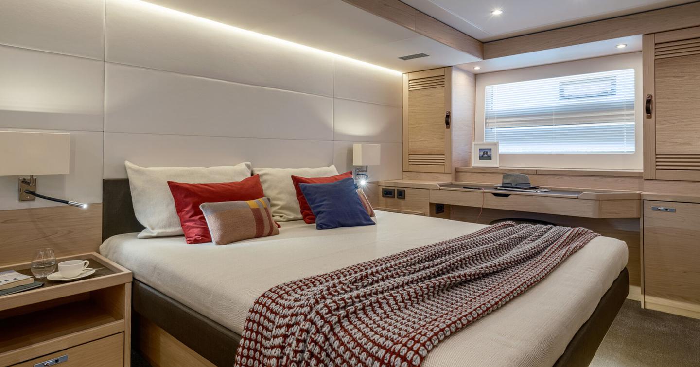 Overview of owner's cabin onboard Beneteau Grand Trawler 63