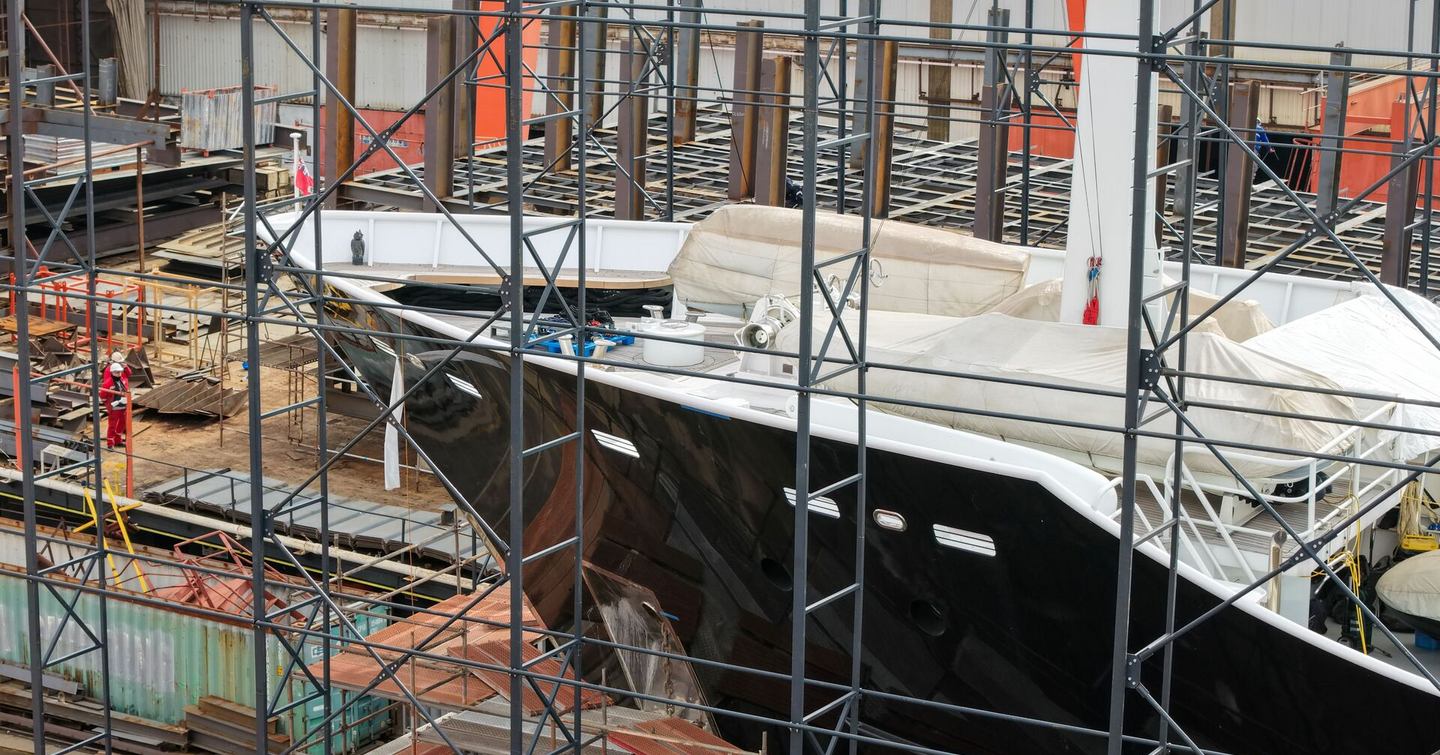 Close up of expedition yacht Grand Rusalina foredeck at refit yard