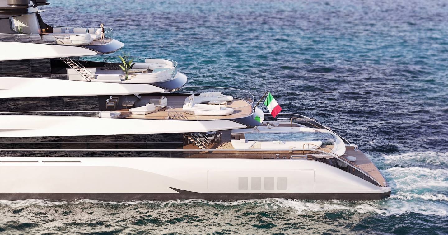 Rendering of ISA Large Yacht Collection Essence 82m superyacht aft decks while under way 