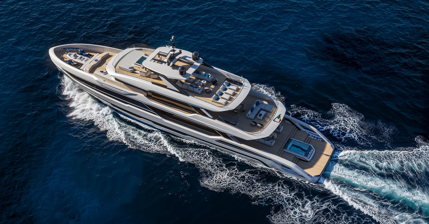 Aerial rendering of Baglietto DOM155 Superyacht under way 
