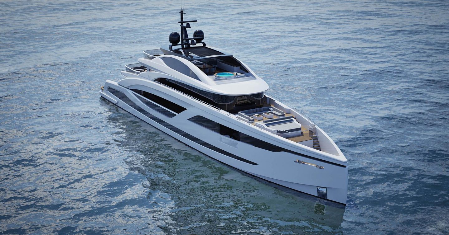 Rendering of Lazzara LMY 165 superyacht at anchor 