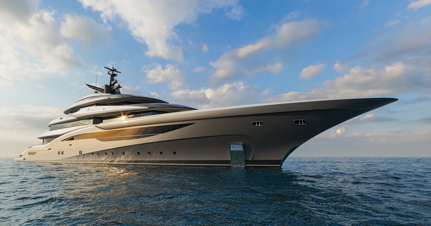 Rendering of ISA Amarcord 82 superyacht at anchor 