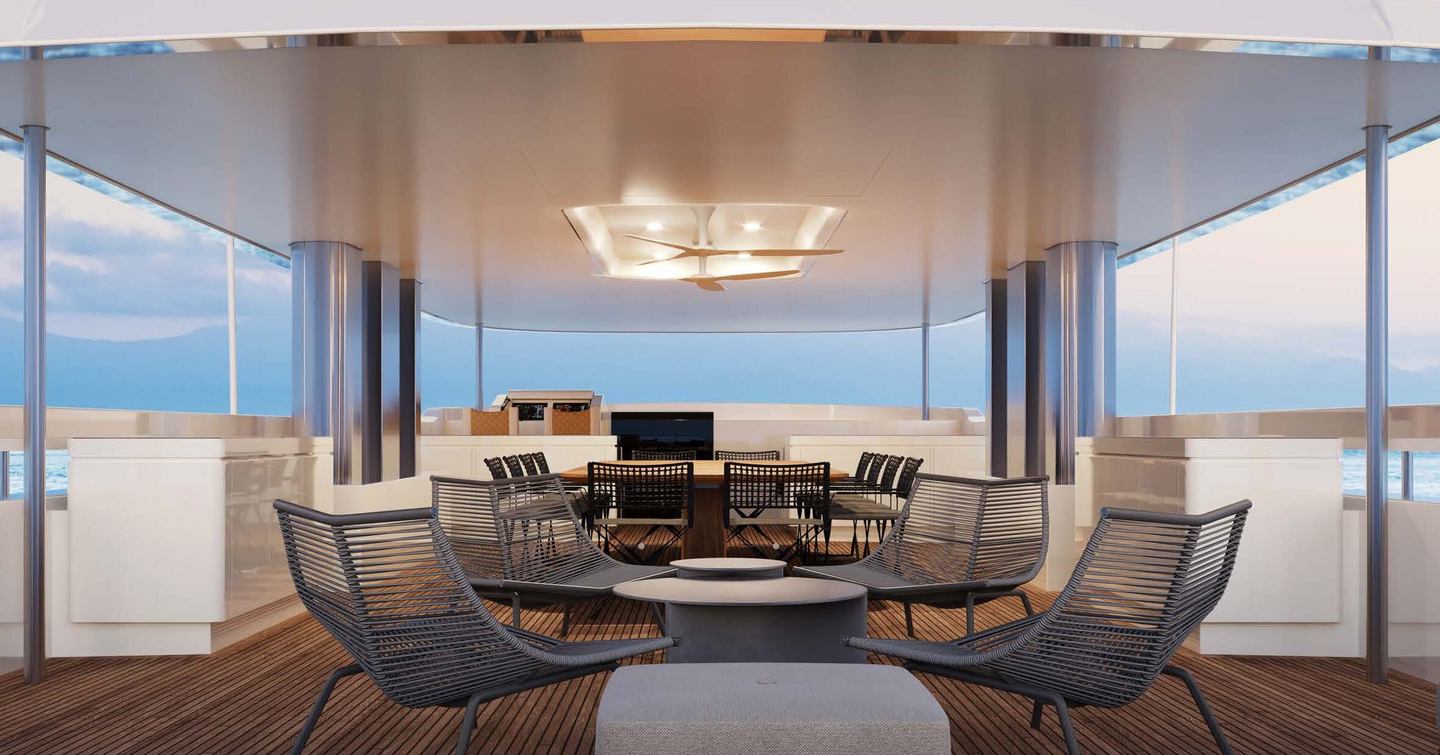 50m Feadship superyacht Graycliffs sundeck with shaded seating