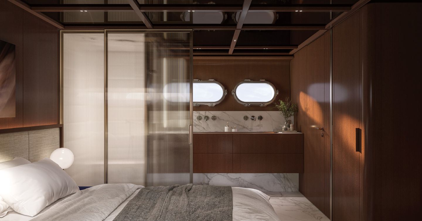 Rendering of Sanlorenzo SHE motor yacht master cabin ensuite