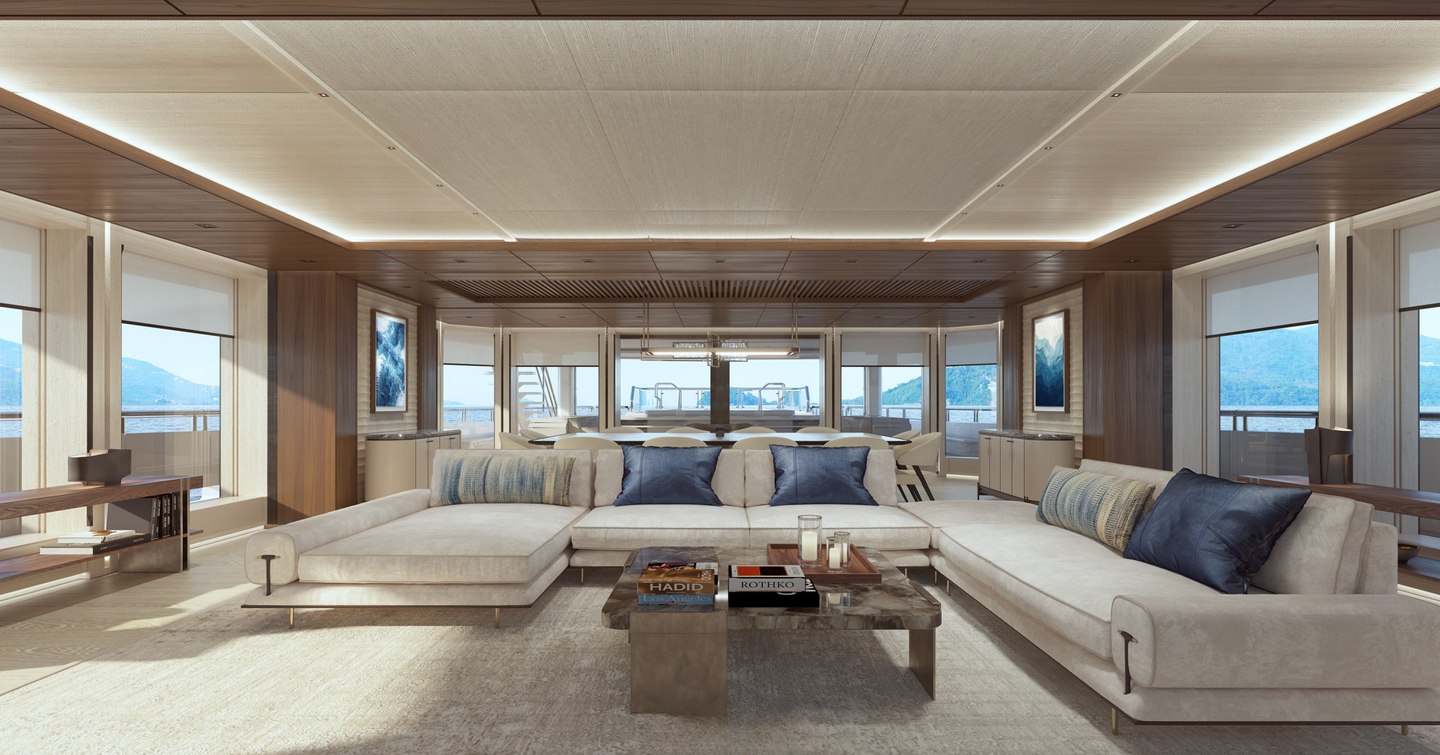 Rendering of Amels 80 superyacht main saloon with U-shaped sofa