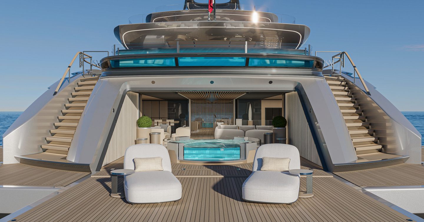 Rendering of ISA Poseidon 86M superyacht beach club with pool and sunloungers