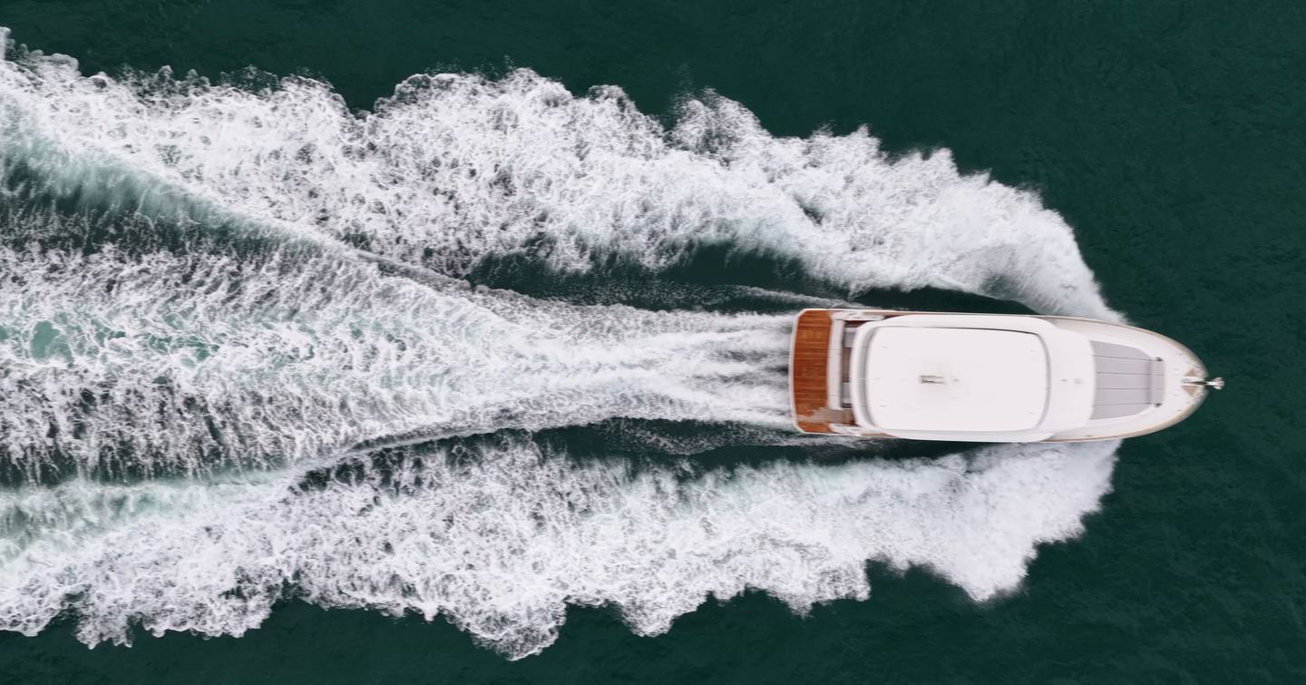 Sirena 48 semi-displacement hull underway at speed from above