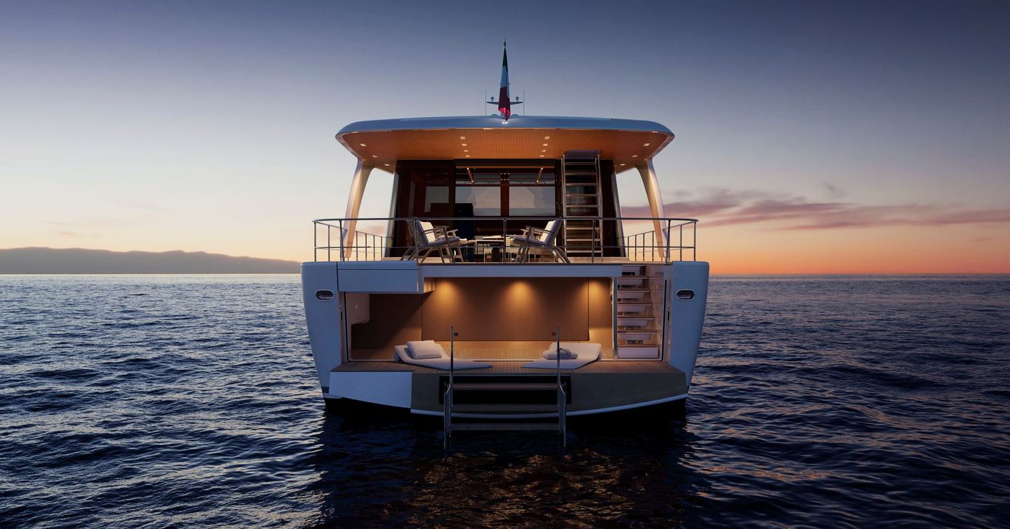 Rendering of Sanlorenzo SHE motor yacht beach club at night with warm lighting