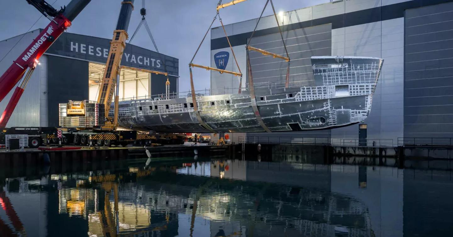 Hull of superyacht Project Evita leaving Heesen shipyard 