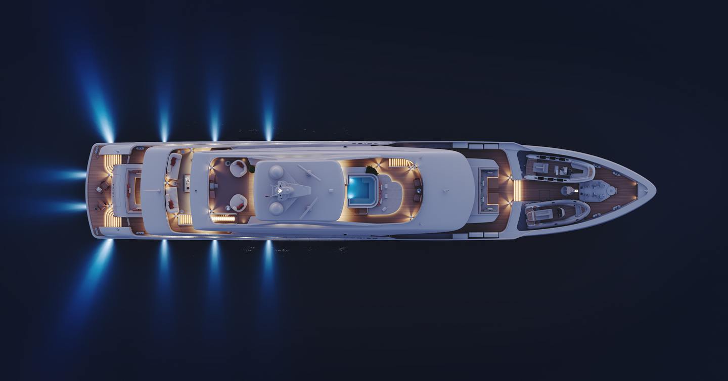 Aerial rendering of Superyacht Project Frida at night with underwater aft lights 