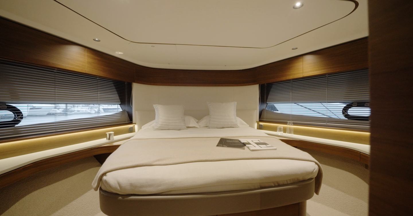 Princess S65 Mk2 VIP cabin with island double bed and twin hull windows