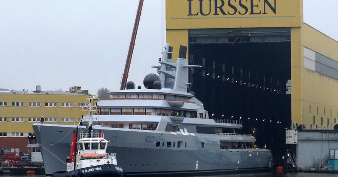 Superyacht DRAGONFLY outside Lürssen German Shipyard 