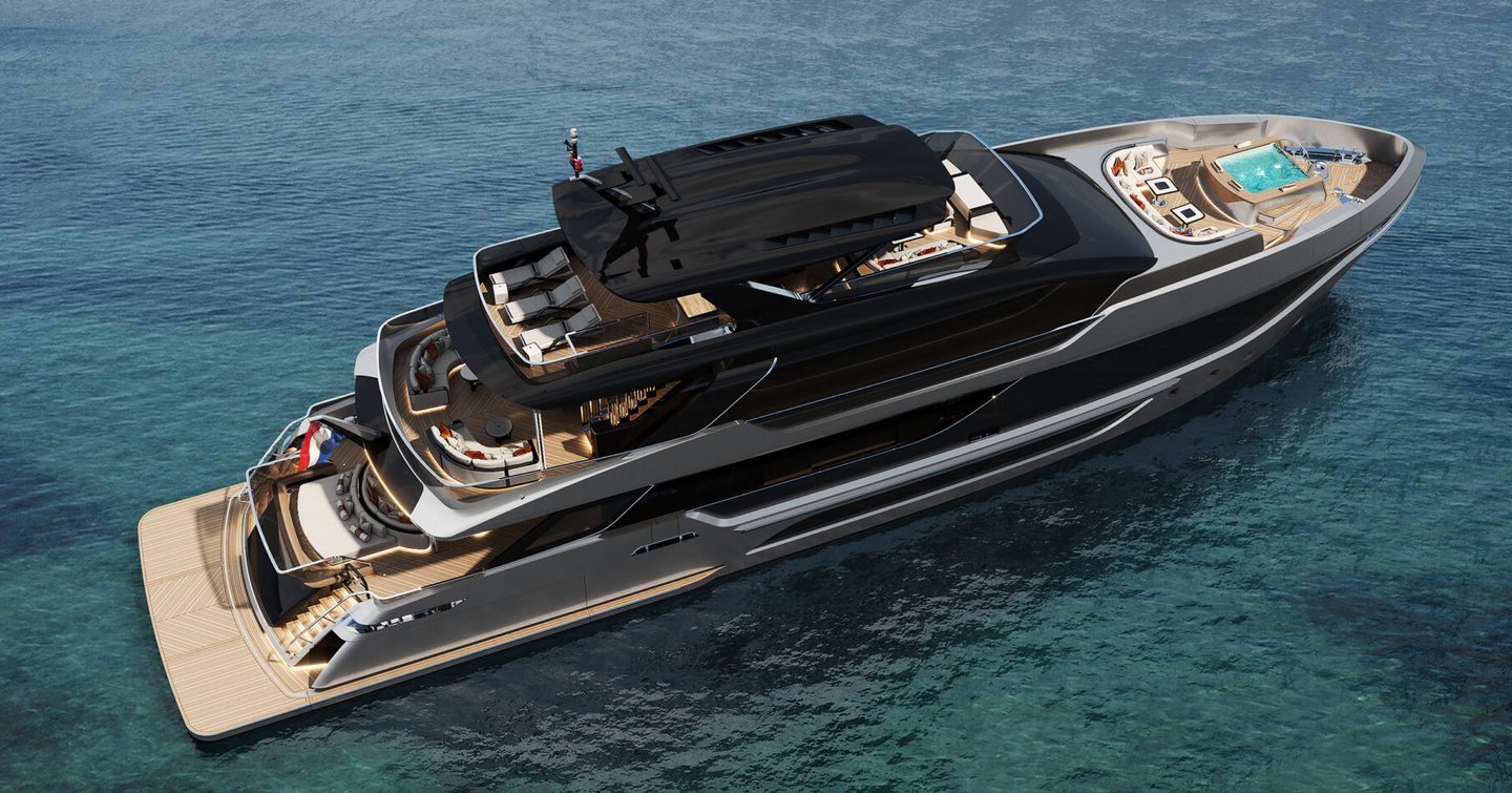 Aerial rendering of superyacht Project Evo at anchor